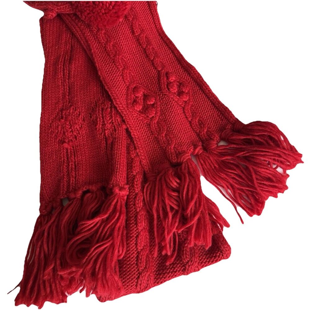 Womens Thick Red Winter Hat with Braids Baubles Scarf 2pc Set Knitted Pompom NWT - Picture 4 of 6